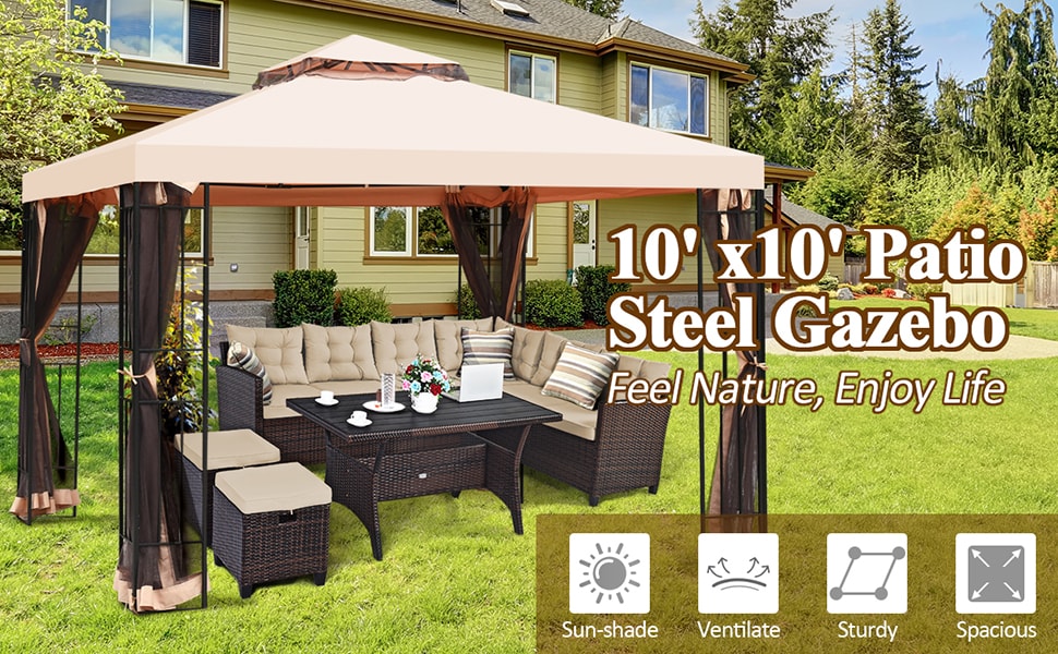 Eletriclife 10 x 10 ft 2 Tier Vented Metal Gazebo Canopy with Mosquito Netting