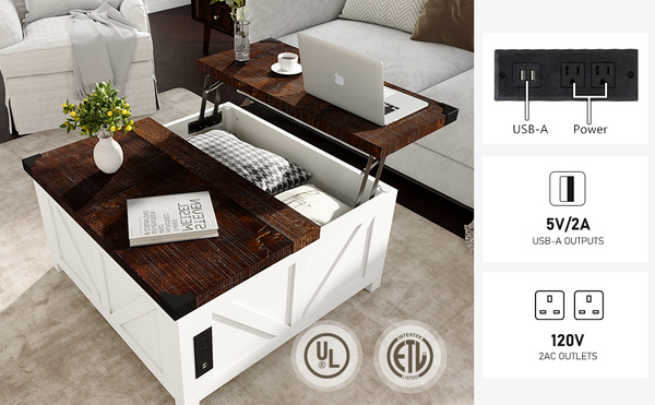 Wood Square Center Table with Charging Station&USB Ports