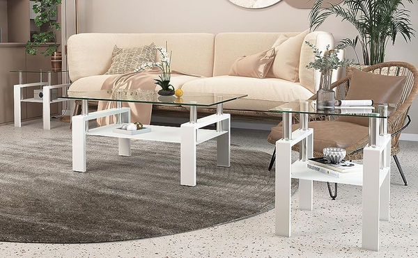 Coffee Table Set with Tempered Glass Tabletop and Metal Frame for Apartment
