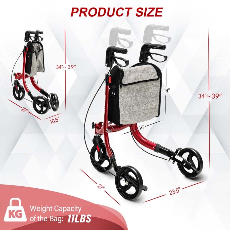 Eletriclife 3-Wheel Rolling Walker with Adjustable Handle Red