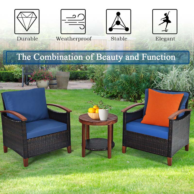 Eletriclife 3 Pieces Solid Wood Frame Patio Rattan Furniture Set