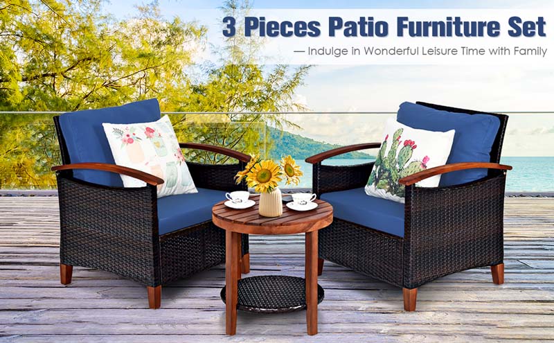 Eletriclife 3 Pieces Solid Wood Frame Patio Rattan Furniture Set