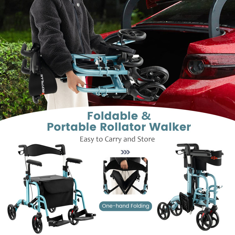 2-in-1 Folding Rollator Walker with Adjustable Handles and Reversible Backrest - Gallery View 5 of 10