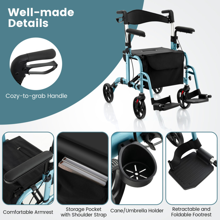 2-in-1 Folding Rollator Walker with Adjustable Handles and Reversible Backrest - Gallery View 8 of 10