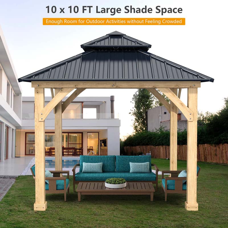 Eletriclife 10 x 10 FT Outdoor Patio Hardtop Gazebo with Double Steel Roof & Solid Wood Frame