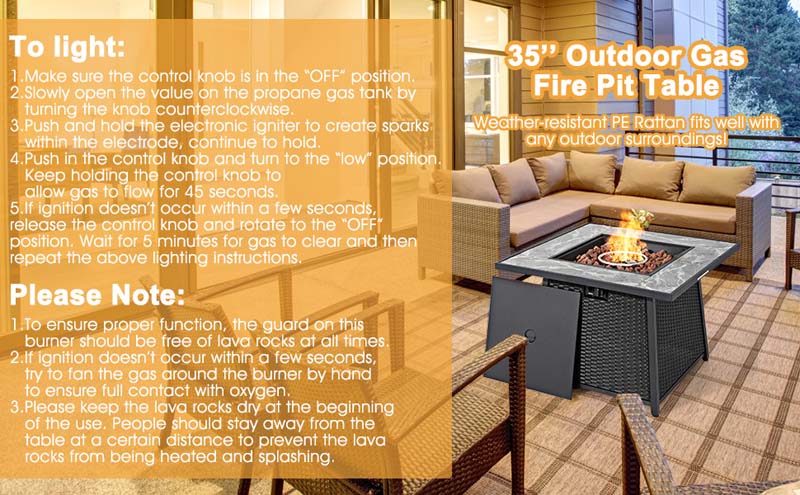 Eletriclife 35 Inch Propane Gas Fire Pit Table Wicker Rattan with Lava Rocks PVC Cover