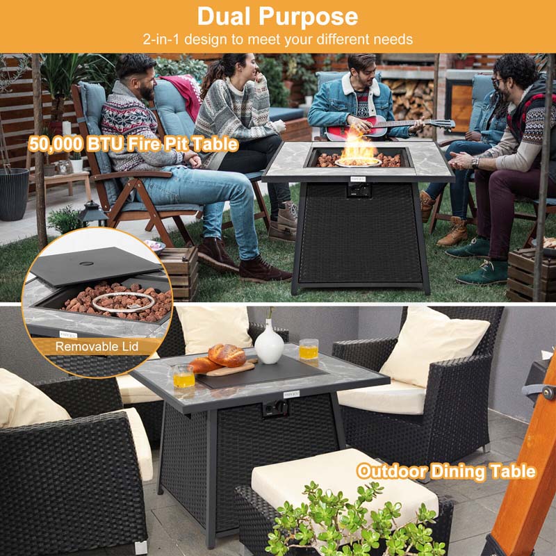 Eletriclife 35 Inch Propane Gas Fire Pit Table Wicker Rattan with Lava Rocks PVC Cover