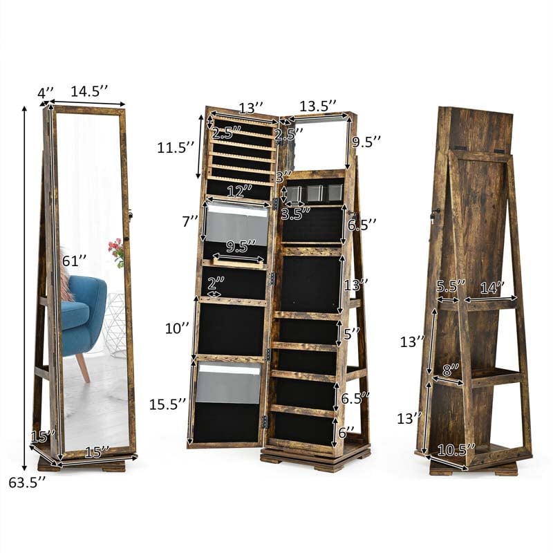 Eletriclife 360° Rotatable 2-in-1 Lockable Jewelry Cabinet with Full-Length Mirror