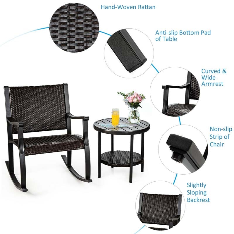 Eletriclife 3 Pieces Patio Rattan Furniture Set with Coffee Table and Rocking Chairs