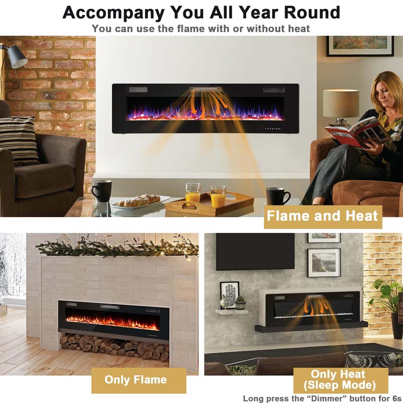 Eletriclife 68 Inch Ultra-Thin Recessed Electric Fireplace with Crystal Log Decoration