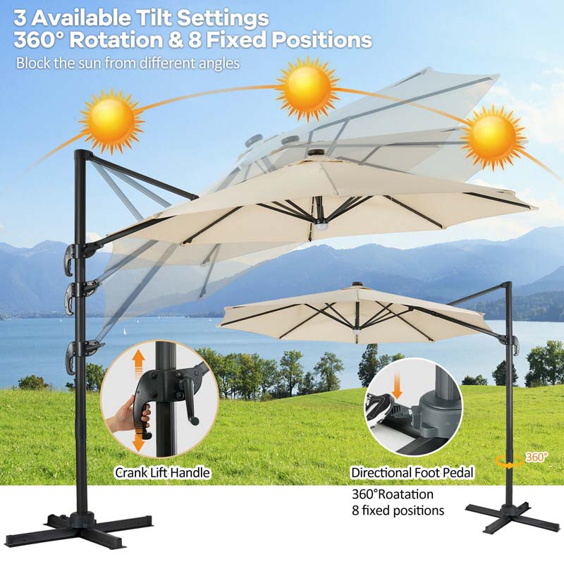 Eletriclife 10 Feet Cantilever Solar Umbrella 28LED Lighted Patio Offset Tilt 360°