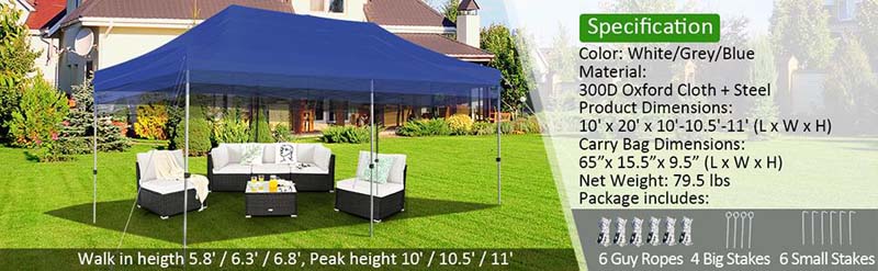 Eletriclife 10 x 20 Feet Adjustable Folding Heavy Duty Sun Shelter with Carrying Bag
