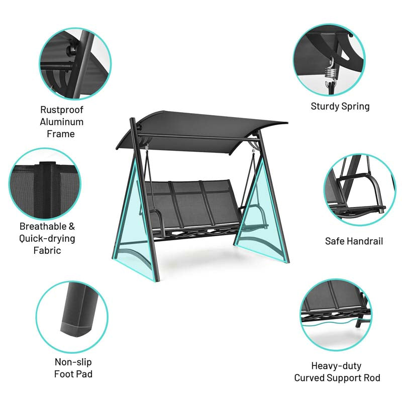 Eletriclife 3-Person Porch Swing Chair with Anti-rust Aluminum Frame and Adjustable Canopy