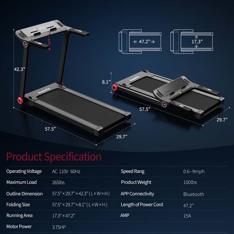 Eletriclife 3.75HP Folding Treadmill Freestanding Electric Running Machine with Bluetooth APP