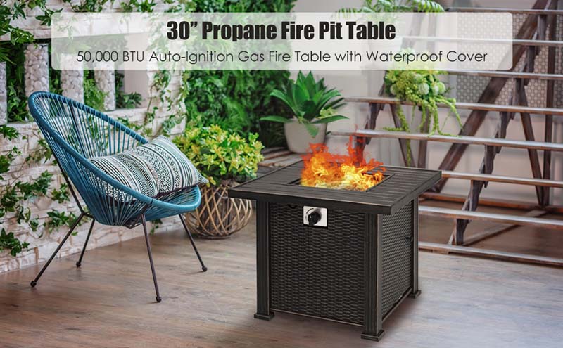 Eletriclife 30 Inch 50000 BTU Square Propane Gas Fire Pit Table with Table Cover