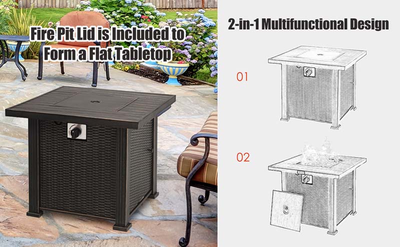 Eletriclife 30 Inch 50000 BTU Square Propane Gas Fire Pit Table with Table Cover