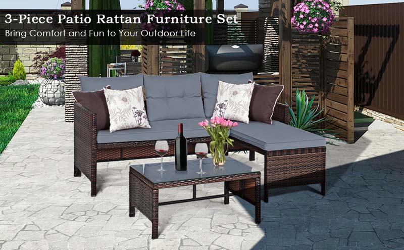 Eletriclife 3 Piece Outdoor Patio Corner Rattan Sofa Set