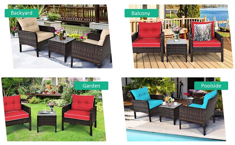 Eletriclife 3 Pieces Outdoor Patio Rattan Conversation Set with Seat Cushions