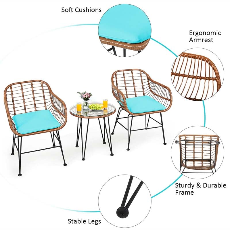 Eletriclife 3 Pieces Patio Rattan Bistro Set with Cushion