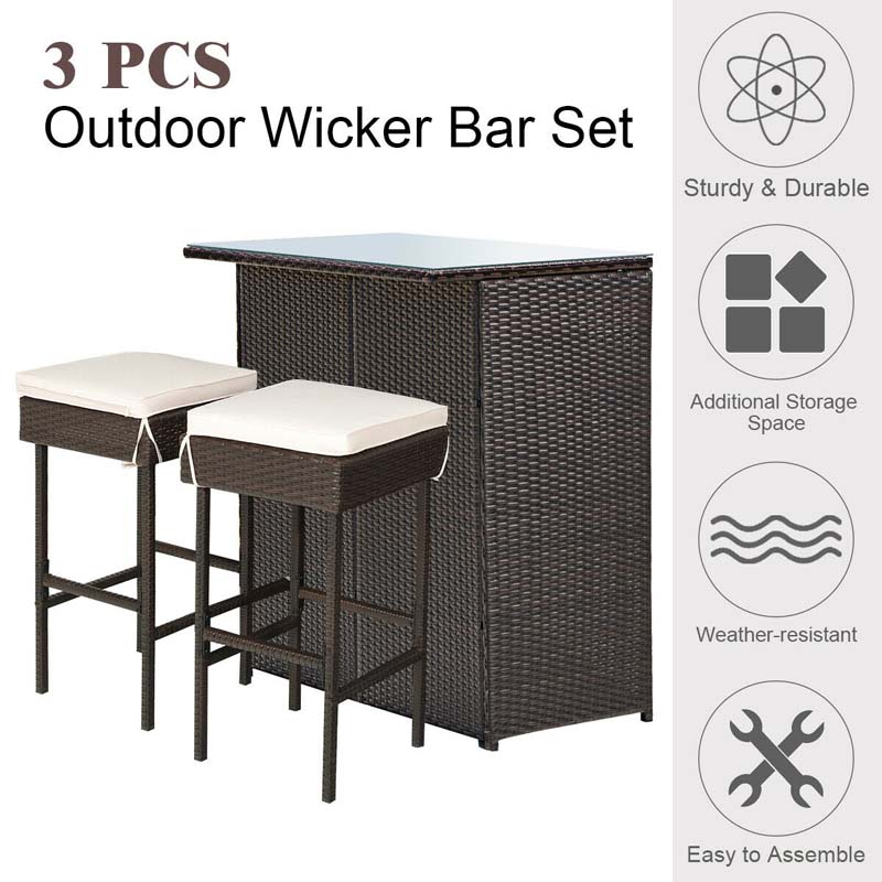 Eletriclife 3 Pieces Patio Rattan Wicker Bar Table Stools Dining Set