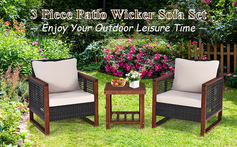 Eletriclife 3 Pieces Patio Wicker Furniture Sofa Set with Wooden Frame and Cushion