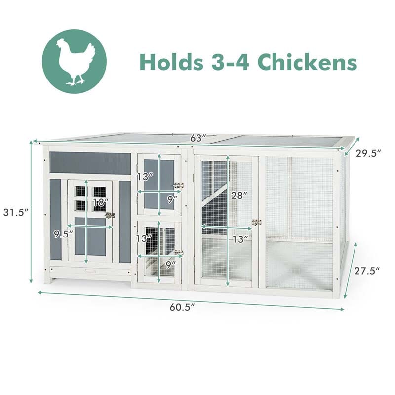 Eletriclife 63 Inch Large Wooden Chicken Coop with Run Box and PC Roof