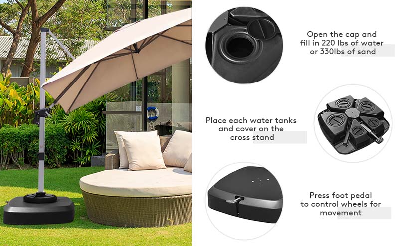Eletriclife Patio Cantilever Offset Umbrella Base with Wheels for Garden Poolside Deck