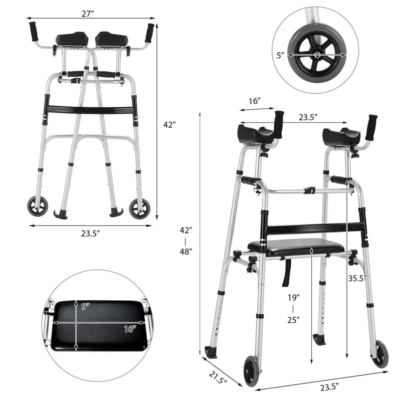 Folding Standard Rollator Walker with Seat & Armrest Pad, Lightweight Standing & Walking Mobility Aid Rollator Walker Ease2day